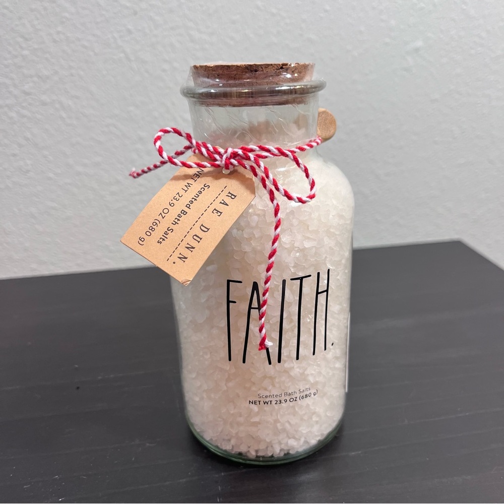 Rae Dunn "FAITH" Lavender Scented Bath Salts with Wood Scoop plastic seal, NWT